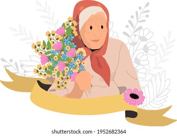 Vector illustration of cartoon grandmother with bouquet. Isolated on white background. Temple for mother's day, grandparents day, day of old people, greeting card.