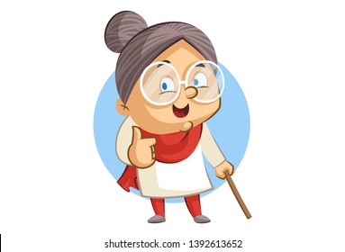 Vector illustration of cartoon grandmother showing thumbs up. Isolated on white background.