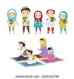 Vector illustration of cartoon graphic of Muslim children and parents. top view, perfect for background, wallpaper, and commemorating the month of Ramadan