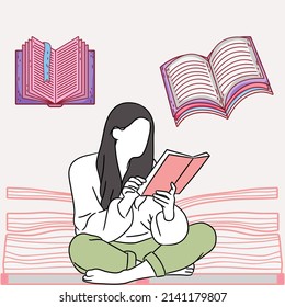 Vector illustration of a cartoon graphic of a woman reading a book. top view, perfect for backgrounds, wallpapers, education and lessons