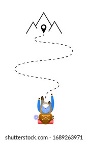 Vector illustration: Cartoon graphic young man hiker with backpack is going by the route to the finish way point in a mountains. Travel concept.