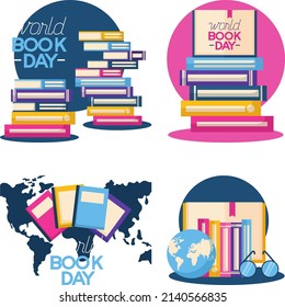 vector illustration of cartoon graphics of book collection icons, in various colors. top view, perfect for learning materials and commemorating international children's book day