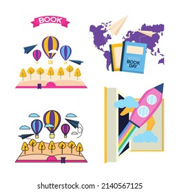 vector illustration of cartoon graphics of book collection icons, rockets, hot air balloons, in various colors. top view, perfect for learning materials and commemorating international children's book