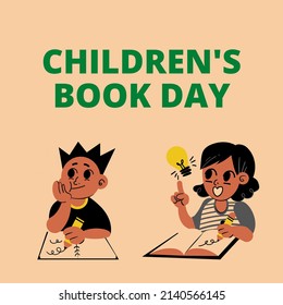 vector illustration of cartoon graphics of children thinking about the idea of ​​writing a book. top view, perfect for learning materials and commemorating international children's book day