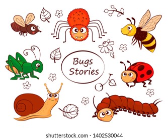 Vector illustration of cartoon grasshopper, bee, ladybug, scolopendra, snail, fly, spider isolated on white background 