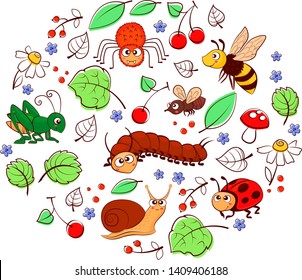 Vector illustration of cartoon grasshopper, bee, ladybug, scolopendra, snail, fly, spider isolated on white background in circle
