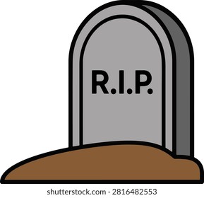 vector illustration of a cartoon gravestone headstone icon, featuring a grey stone tombstone with black R.I.P. text resting on brown ground, clean pop art aesthetic, Halloween, cemetery, rest in peace, and graveyard concept style flat vector illustration