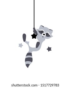 Vector illustration with cartoon gray raccoon on a white background. Striped tail. Tarzan raccoon. Dreams, dreams, stars. Surprised raccoon.