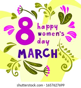 Vector illustration cartoon greating card 8 march happy women's day flowers leaves brunches