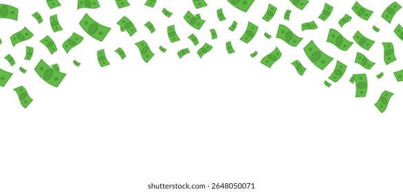 Ilustração vetorial de notas de banco verdes caindo do céu sobre um fundo de bandeira horizontal, simbolizando riqueza, finanças ou sucesso