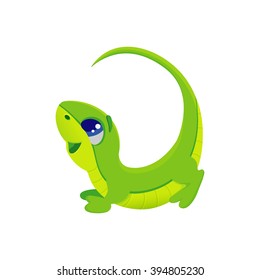 Vector illustration of cartoon green letter L with cute funny little lizard, lacertian long tail, big eyes, isolated on white eps 10 mascot for kids abc, illustration for alphabet 