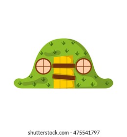 Vector illustration with cartoon green magic forest house. Vector home for elfs or magical creatures. Children book cover cartoon illustration. New Zealand green mysterious landscape icon