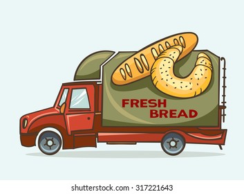 Vector illustration of cartoon green truck - delivery fresh bread and baguettes. 