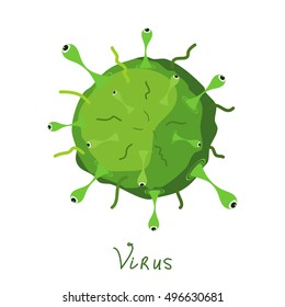 Vector illustration Cartoon green virus. Comic virus isolated on white background. Cartoon style. Microorganism biology nature