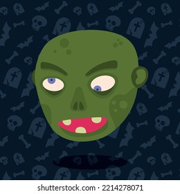 Vector illustration of cartoon green zombie. Colored background, element for Halloween. Creepy, scary, spooky. Human face. 
