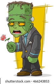 A vector illustration of cartoon green zombie monster with flower