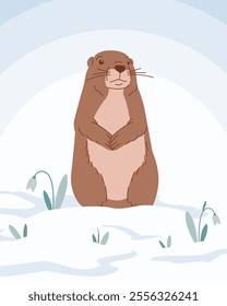 Vector illustration of a cartoon groundhog crawled out of his hole surrounded by snow and snowdrops. Groundhog against a winter landscape. Rodent illustration for children's books, covers, calendars