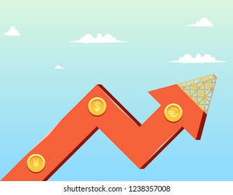 Vector Illustration Cartoon Growth Company Economy. Image growth Graph Construction Company Economy against Background Blue Sky with Clouds. Gold Coins on Arrow with Signs Euro, Dolar, Yen