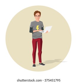 Vector illustration of cartoon guy or nerd with notebook in his hands