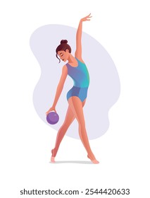 Ilustración vectorial con una gimnasta de dibujos animados. Balón de gimnasia rítmica. Mujer flexible hermosa que hace el funcionamiento en el leotardo azul colorido