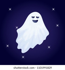 Vector illustration, cartoon Halloween ghost character on a dark background.