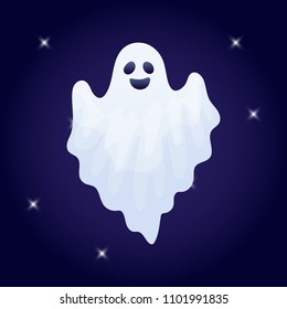 Vector illustration, cartoon Halloween ghost character on a dark background.
