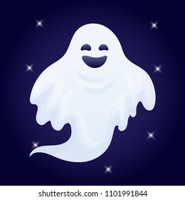 Vector illustration, cartoon Halloween ghost character on a dark background.