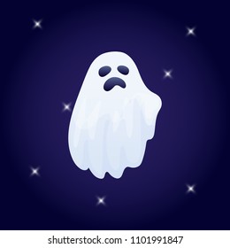 Vector illustration, cartoon Halloween ghost character on a dark background.