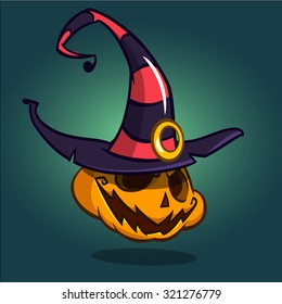 A vector illustration of cartoon Halloween pumpkin head. Pumpkin head in black witch hat isolated on dark background