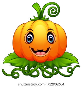 Vector illustration of Cartoon halloween pumpkin with green leaves