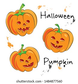 vector illustration of cartoon halloween pumpkins with cute, funny and evil faces isolated on white. Halloween face icon set. jack-o-lantern pumpkin with ink splashes. Halloween party design elements