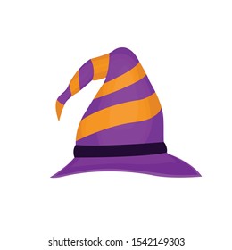 Vector illustration of a cartoon Halloween witch hat. Witch hat with buckle isolated on white background. Design element for Halloween.
