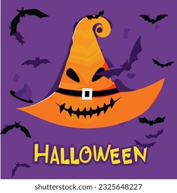 Vector illustration of a cartoon Halloween witch hat. Witch hat with eye,mouth and flaying bats isolated on purple background. Design element for Halloween.