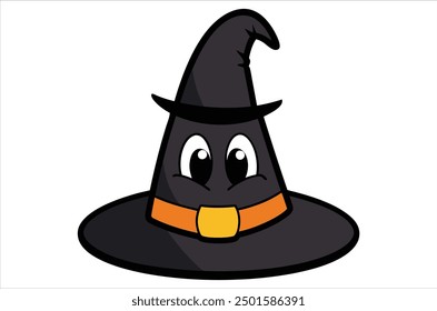 Vector illustration of a cartoon Halloween witch hat. Witch hat with buckle isolated on white background. Design element for Halloween.