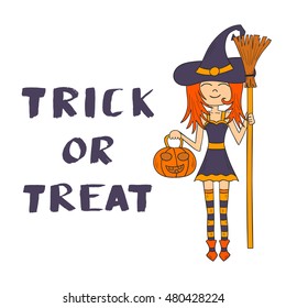 Vector illustration with cartoon Halloween witch with broom and pumpkin lantern and lettering Trick Or Treat. Vector Halloween invitation, background, card or banner. Halloween hand drawn icon