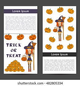 Vector illustration with cartoon Halloween witch with broom and pumpkin lantern and lettering Trick Or Treat. Vector Halloween invitation, background, card or banner. Halloween hand drawn icon