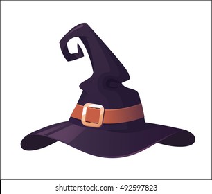 Vector illustration of a cartoon Halloween witch hat. Witch hat with buckle  isolated on white background. Design element for Halloween.