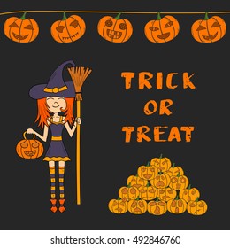 Vector illustration with cartoon Halloween witch with broom and pumpkin lantern and lettering Trick Or Treat. Vector Halloween invitation, background, card or banner. Halloween hand drawn icon