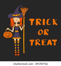 Vector illustration with cartoon Halloween witch with broom and pumpkin lantern and lettering Trick Or Treat. Vector Halloween invitation, background, card or banner. Halloween hand drawn icon