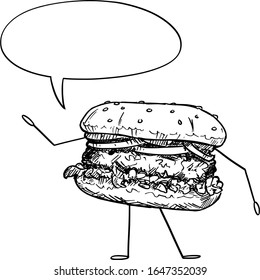 Vector illustration of cartoon hamburger or burger character with speech bubble. Healthy lifestyle and junk or fast food advertisement or marketing design.