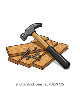 Vector illustration: A Cartoon Hammer and Nails on a Piece of Wood.