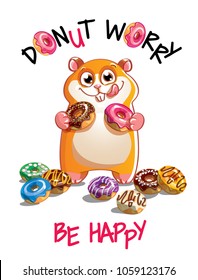 Vector illustration of cartoon hamster with donuts