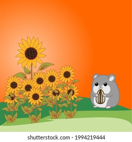Vector illustration of a cartoon hamster and sunflower plant.