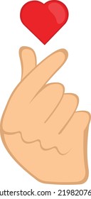 Vector illustration of a cartoon hand crossing fingers with a heart. Classic korean gesture or from other asian cultures in meaning of love