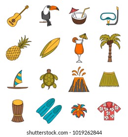 Vector illustration with cartoon hand drawn hawaii icons. Tropical island summer travel. Beach life, relaxation, palm, Hawaii tourism. Vector hand drawn cartoon vacation icons