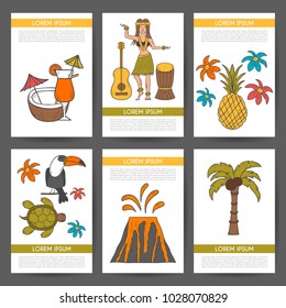 Vector illustration with cartoon hand drawn hawaii background. Tropical island summer travel. Beach life, relaxation, palm, Hawaii tourism. Vector hand drawn cartoon vacation background