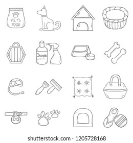 Vector illustration with cartoon hand drawn dog stuff icons with dog character. House pet concept. Vector hand drawn petshop icons. Dog house, training equipment, accessory, toys and shampoo