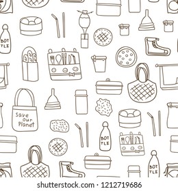 Vector illustration with cartoon hand drawn zero waste life background. Eco style. No plastic. Go green. Organic recycled elements: cotton mesh store bag, glass bottle, menstrual cup, reusable things