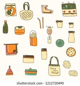 Vector illustration with cartoon hand drawn zero waste life objects. Eco style. No plastic. Go green. Organic recycled elements: cotton mesh store bag, glass bottle, menstrual cup, reusable things