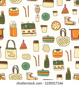 Vector illustration with cartoon hand drawn zero waste life background. Eco style. No plastic. Go green. Organic recycled elements: cotton mesh store bag, glass bottle, menstrual cup, reusable things